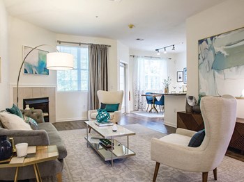 Model living room at Heritage on the Merrimack Apartments in Bedford NH
